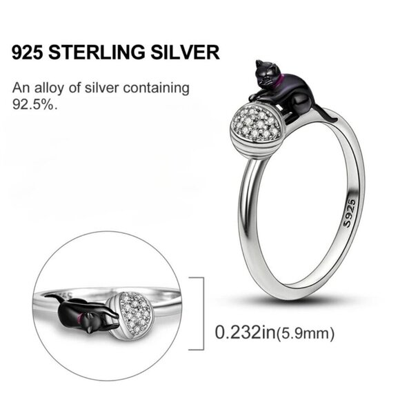 NWT Black Cat With Yarn Ring S925 Sterling Silver Stamped Sz.8 - Picture 5 of 10